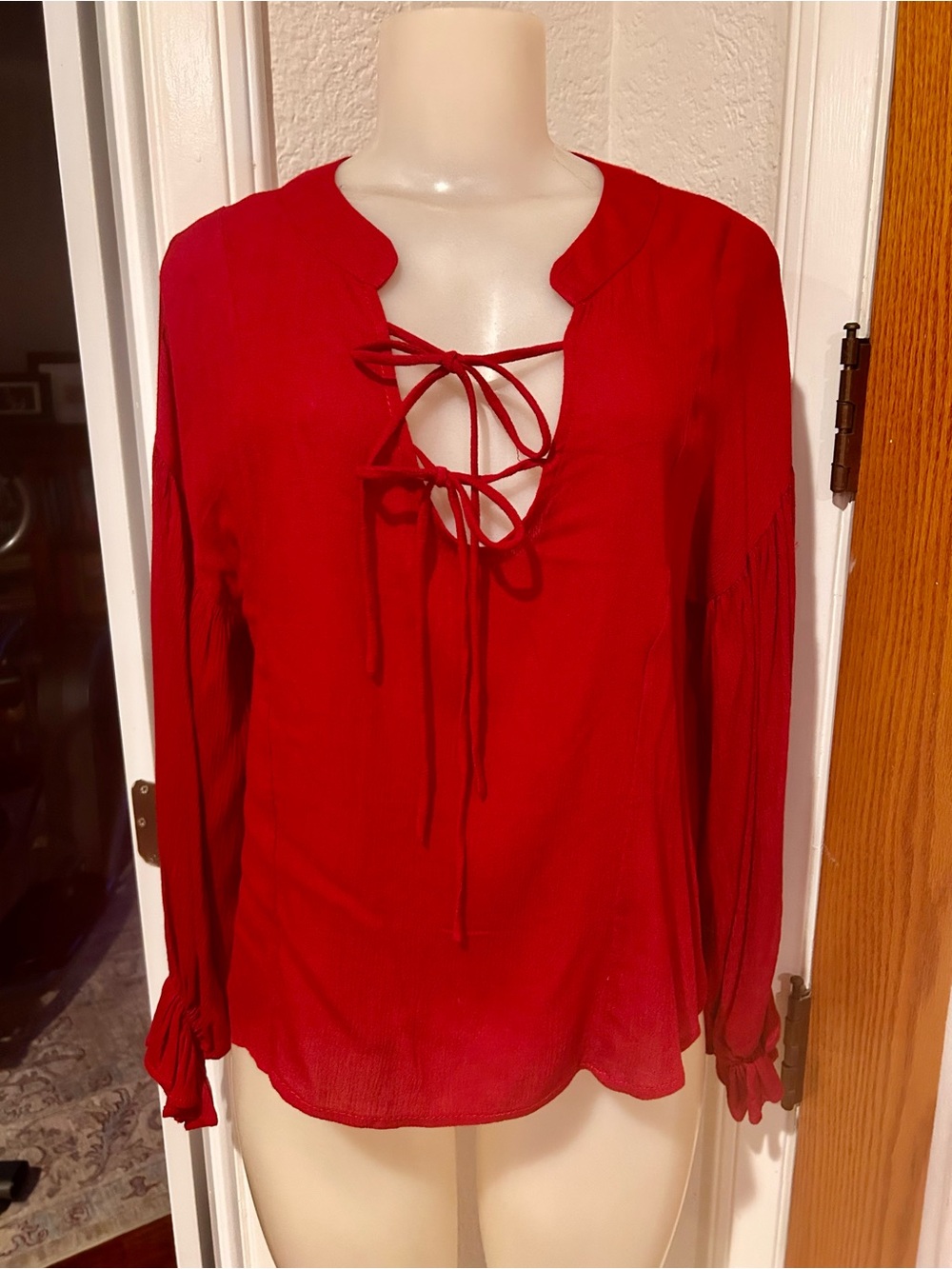 NWOT RAGA  super cute women’s peasant style Red Lace-Up Long Sleeve top